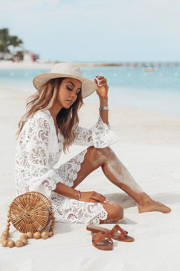 White Plunge Lace One Piece Cover Up Dress-Charmo