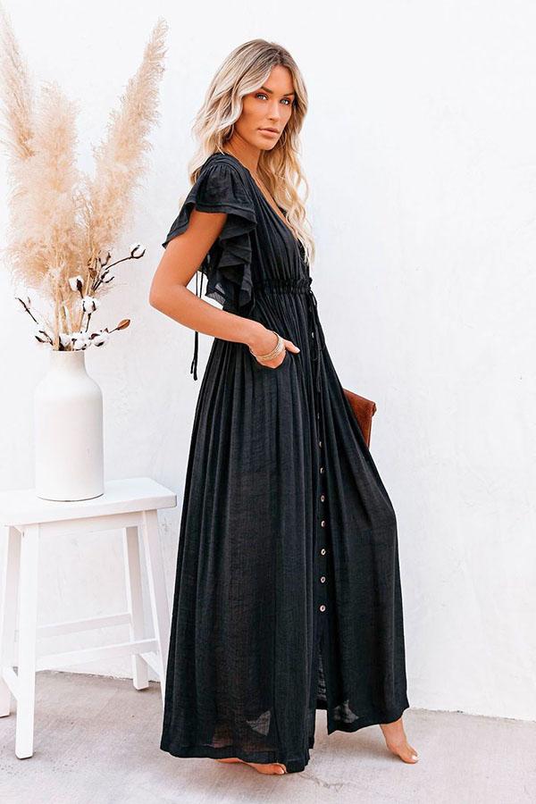 Plunge Drawstring Backless Ruffled Cover Up Dress-Charmo