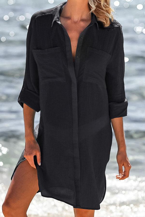 Solid Pocket Front Button Shirt Cover Up Kimono-Charmo