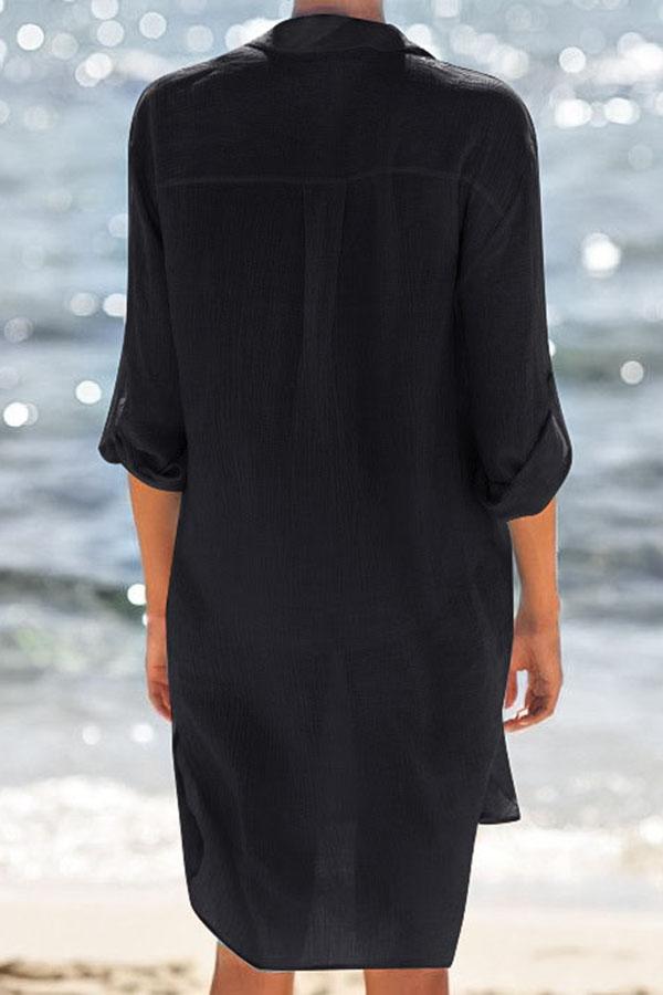 Solid Pocket Front Button Shirt Cover Up Kimono-Charmo