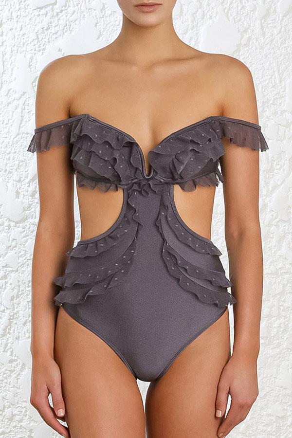 Mesh Ruffled Lace Up One Piece Swimsuit-Charmo