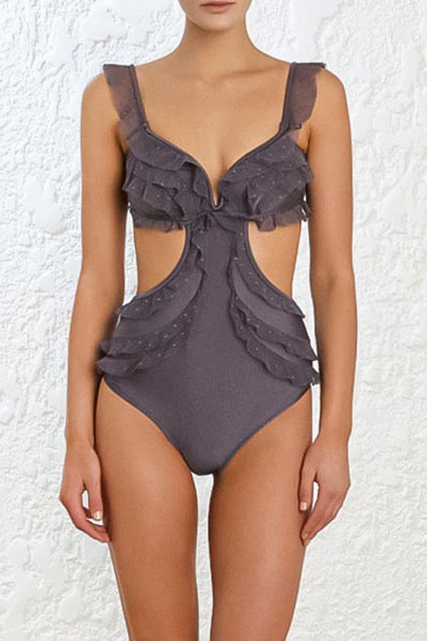 Mesh Ruffled Lace Up One Piece Swimsuit-Charmo