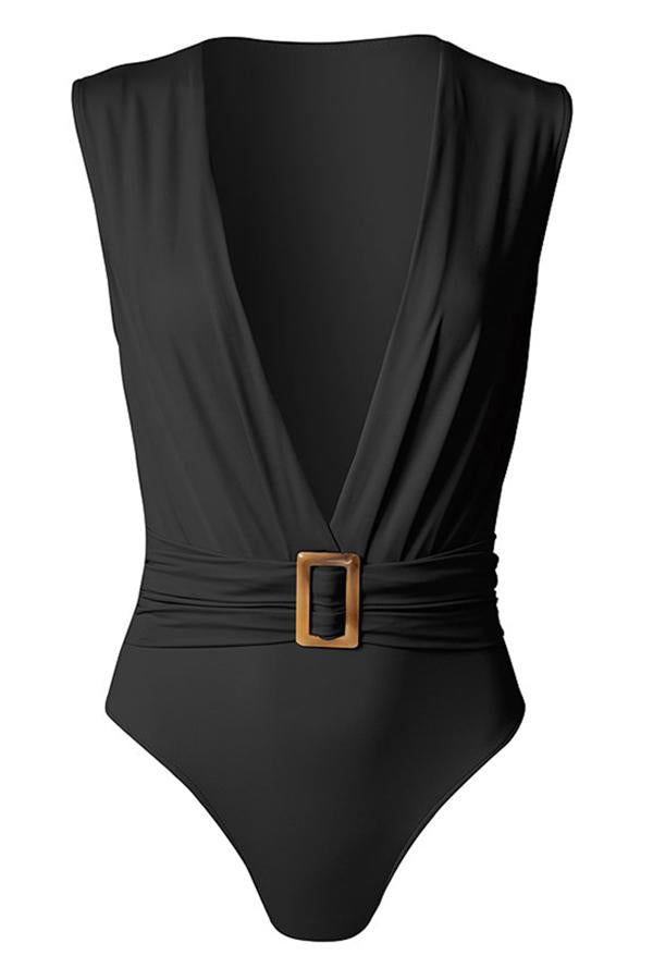 Ruched Belted Plunge One Piece Swimsuit-Charmo