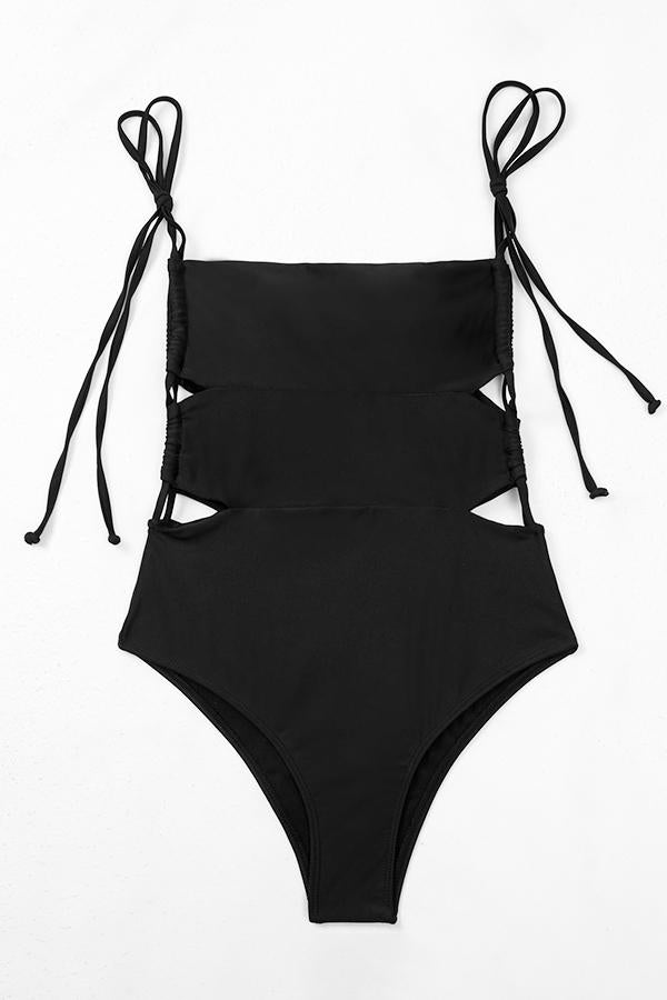 Clearance | Black Tie Shoulder Cut Out One Piece Swimsuit-Charmo