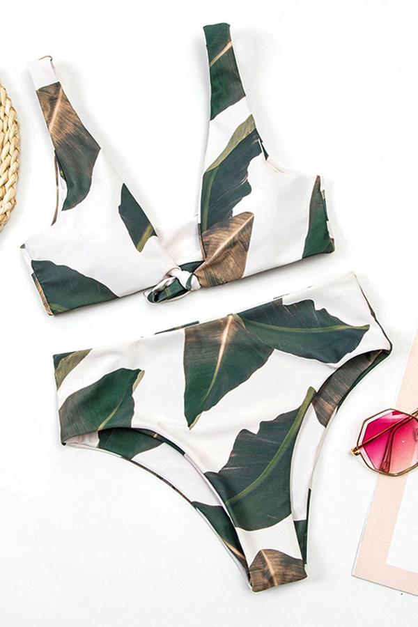 Clearance | Leaf Printed Front Bowknot Bikini-Charmo