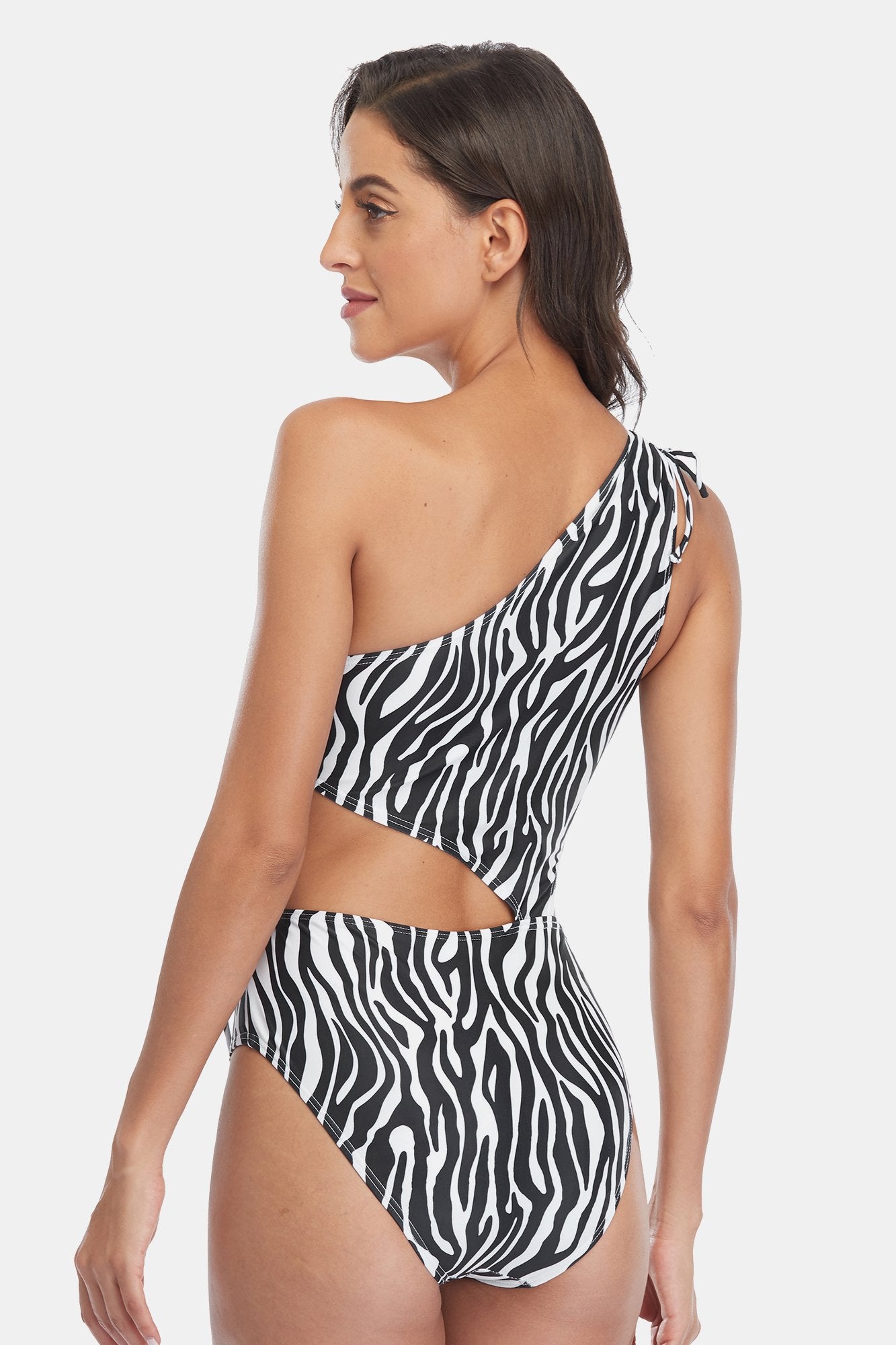 Zebra Printed One Shoulder One Piece Swimsuit-Charmo