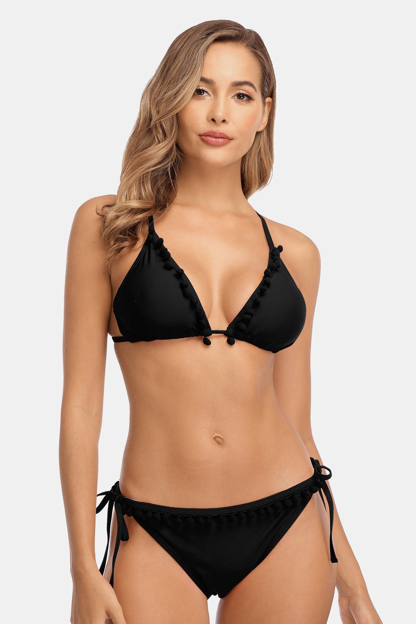 Clearance | Charmo Women's Black Tassel Ball Triangle Padded Bikini-Charmo