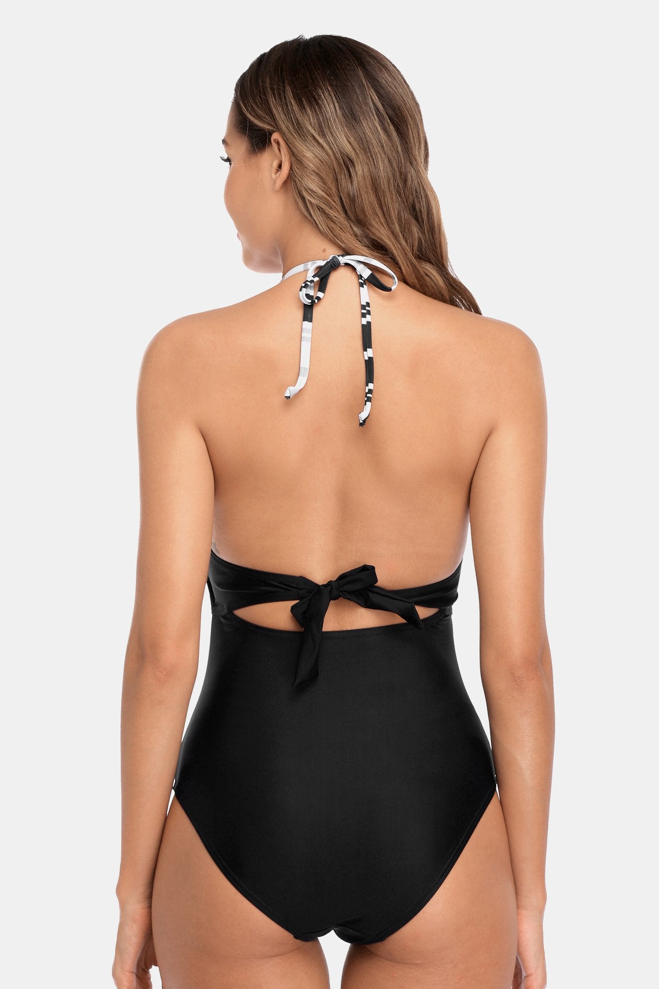 Stripe Hollow Out Backless Halter One Piece Swimsuit-Charmo