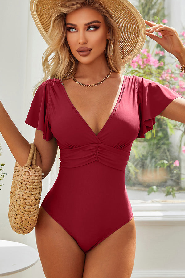 Ruched Cut Out Butterfly Sleeve V Neck One Piece Swimsuit
