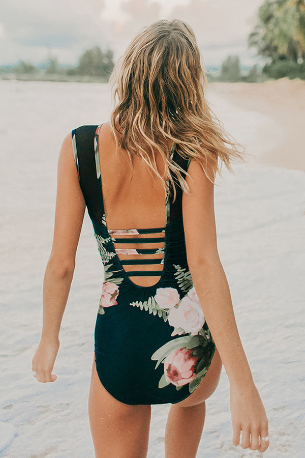 Floral Mesh Backless One Piece Swimsuit-Charmo