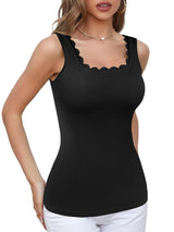 Charmo Womens Scalloped Square Neck Tank Tops Wider Straps Ribbed Undershirts Built-in Bras