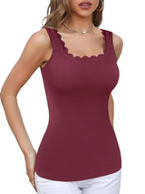 Charmo Womens Scalloped Square Neck Tank Tops Wider Straps Ribbed Undershirts Built-in Bras