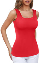 Charmo Womens Scalloped Square Neck Tank Tops Wider Straps Ribbed Undershirts Built-in Bras