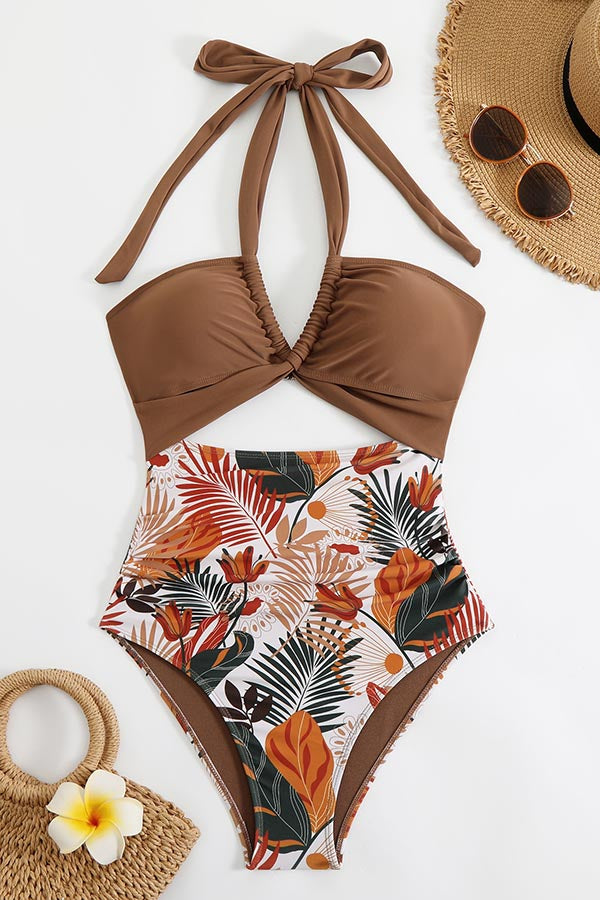 Halter Cut Out Backless Floral Print One Piece Swimsuit