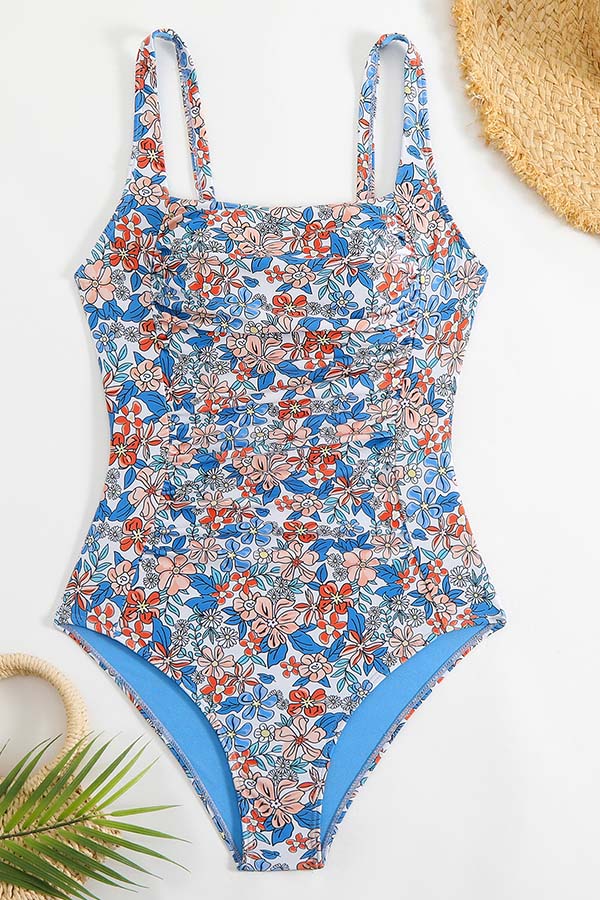 Square Neck Floral Print Modest One Piece Swimsuit