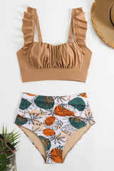 3 Piece Plants Print High Waisted Ruffled Bikini Suits