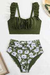 3 Piece Plants Print High Waisted Ruffled Bikini Suits