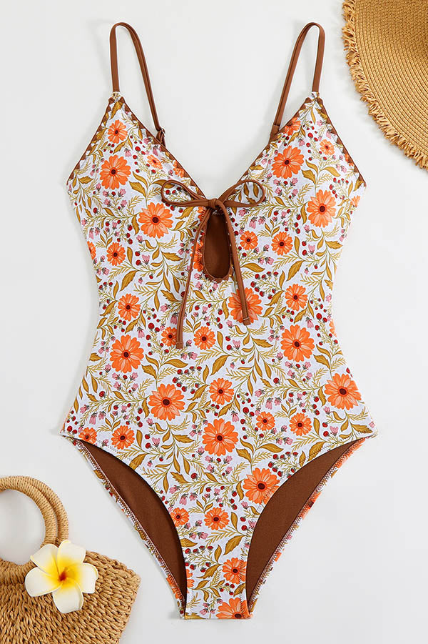 Plunge V Neck Bathing Suit Floral Print One Piece Swimsuit