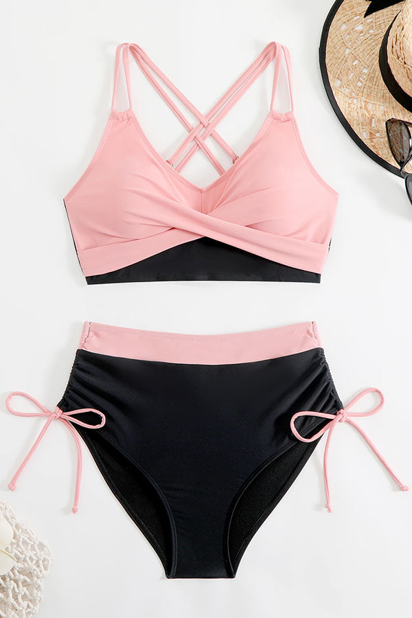 Scoop Neck Crisscross Drawstring High Waisted Bikini Suits