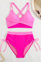 Scoop Neck Crisscross Drawstring High Waisted Bikini Suits