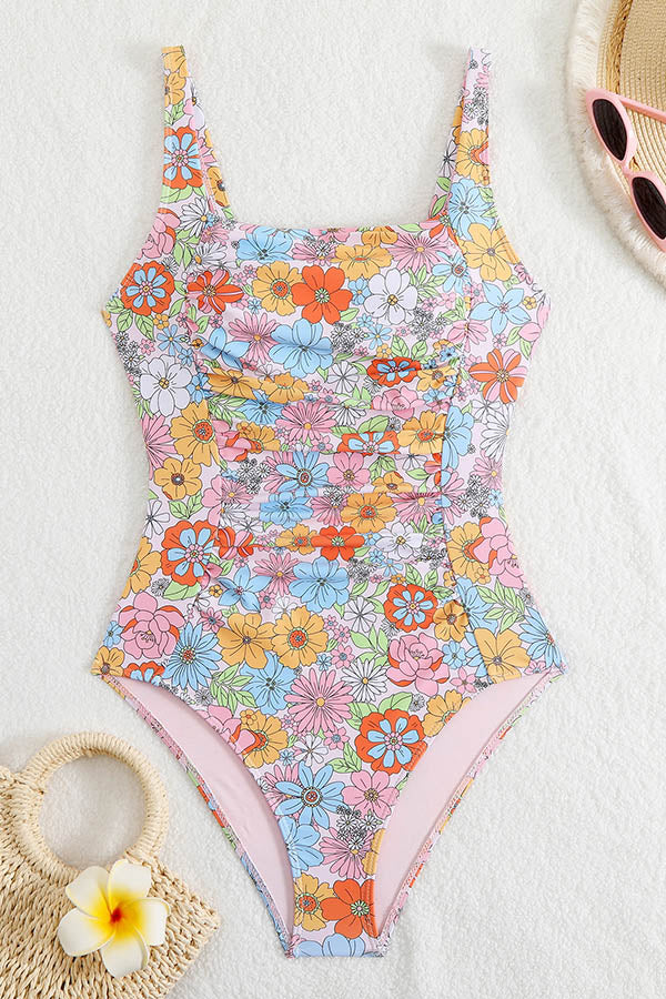 Square Neck Floral Print Modest One Piece Swimsuit