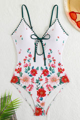 Plunge V Neck Bathing Suit Floral Print One Piece Swimsuit