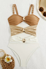 Gold Beads Color Block Cut Out One Piece Swimsuit