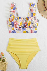 3 Piece Plants Print High Waisted Ruffled Bikini Suits