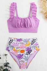 3 Piece Plants Print High Waisted Ruffled Bikini Suits