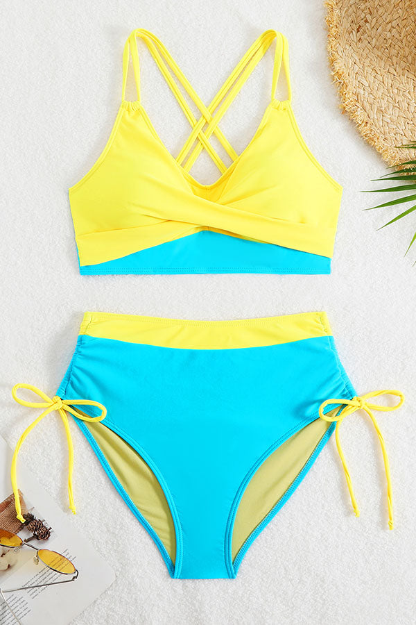 Scoop Neck Crisscross Drawstring High Waisted Bikini Suits