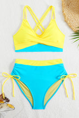 Scoop Neck Crisscross Drawstring High Waisted Bikini Suits