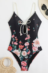 Plunge V Neck Bathing Suit Floral Print One Piece Swimsuit