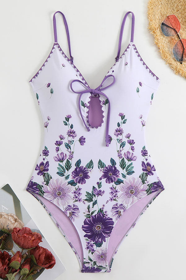 Plunge V Neck Bathing Suit Floral Print One Piece Swimsuit