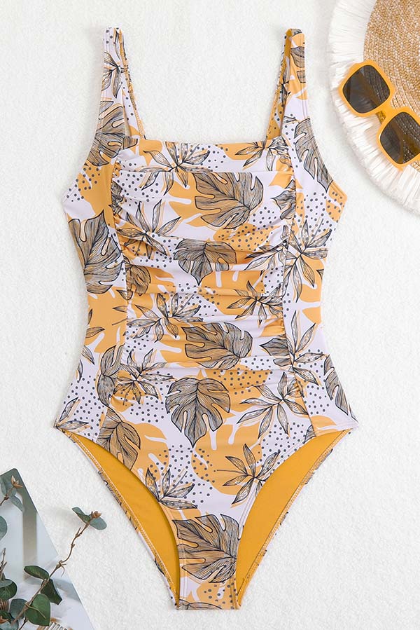 Square Neck Floral Print Modest One Piece Swimsuit