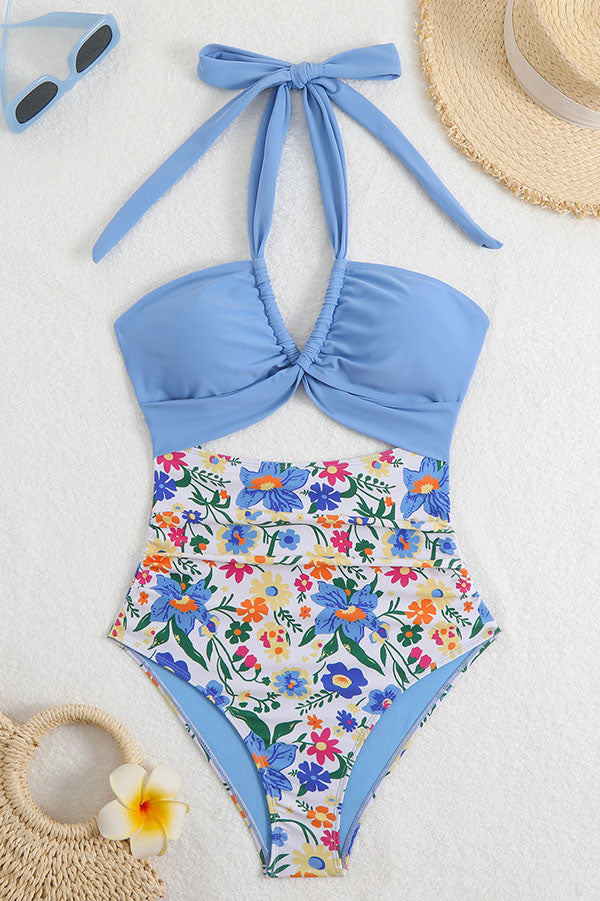 Halter Cut Out Backless Floral Print One Piece Swimsuit