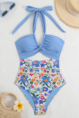 Halter Cut Out Backless Floral Print One Piece Swimsuit