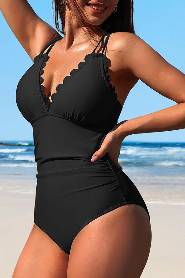 Scalloped Ruched Tummy Control Cut Out One Piece Swimsuit