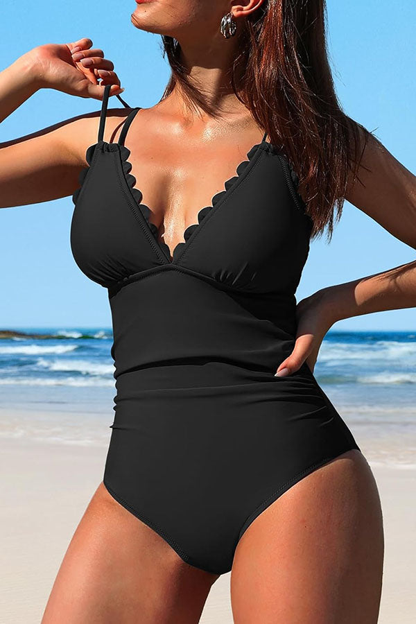 Scalloped Ruched Tummy Control Cut Out One Piece Swimsuit