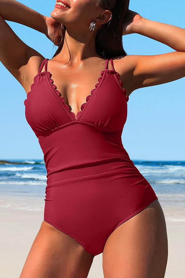 Scalloped Ruched Tummy Control Cut Out One Piece Swimsuit