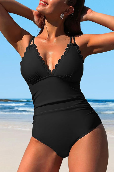 Scalloped Ruched Tummy Control Cut Out One Piece Swimsuit