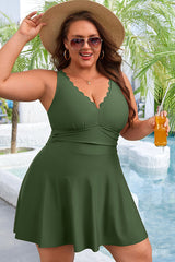 Asoul Women's Tummy Control Swimdress V Neck Scalloped Plus Size Swimdress