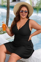 Asoul Women's Tummy Control Swimdress V Neck Scalloped Plus Size Swimdress