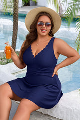 Asoul Women's Tummy Control Swimdress V Neck Scalloped Plus Size Swimdress