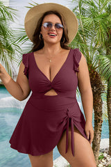 Plus Size V Neck Cut Out Tie Side Ruffle Swimdress