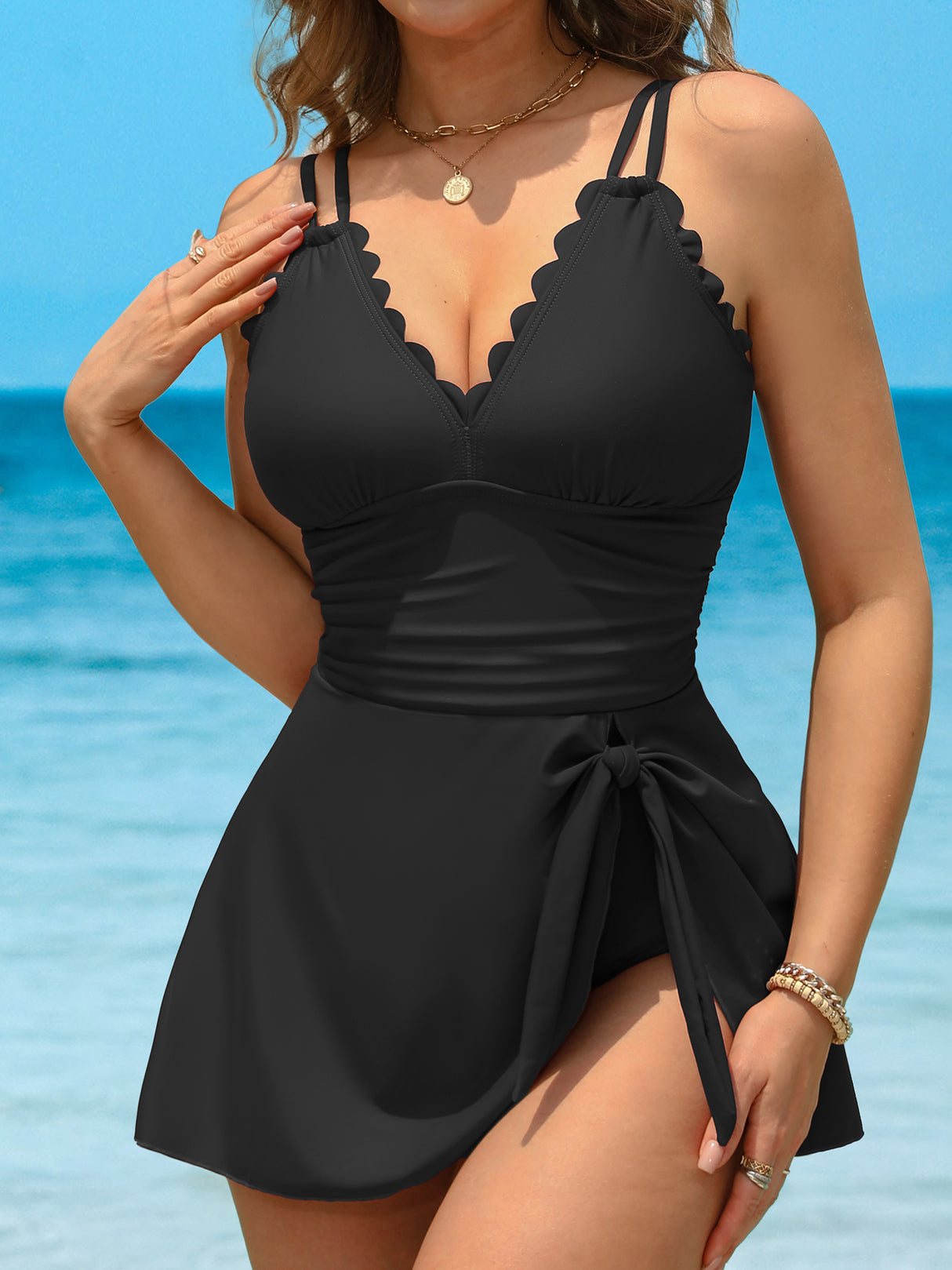 Asoul One Piece Swimdress Swimsuits for Womens Scalloped Tummy Control Swim Dress Tie Knot Skirt Bathing Suit