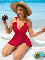 Asoul One Piece Swimdress Swimsuits for Womens Scalloped Tummy Control Swim Dress Tie Knot Skirt Bathing Suit