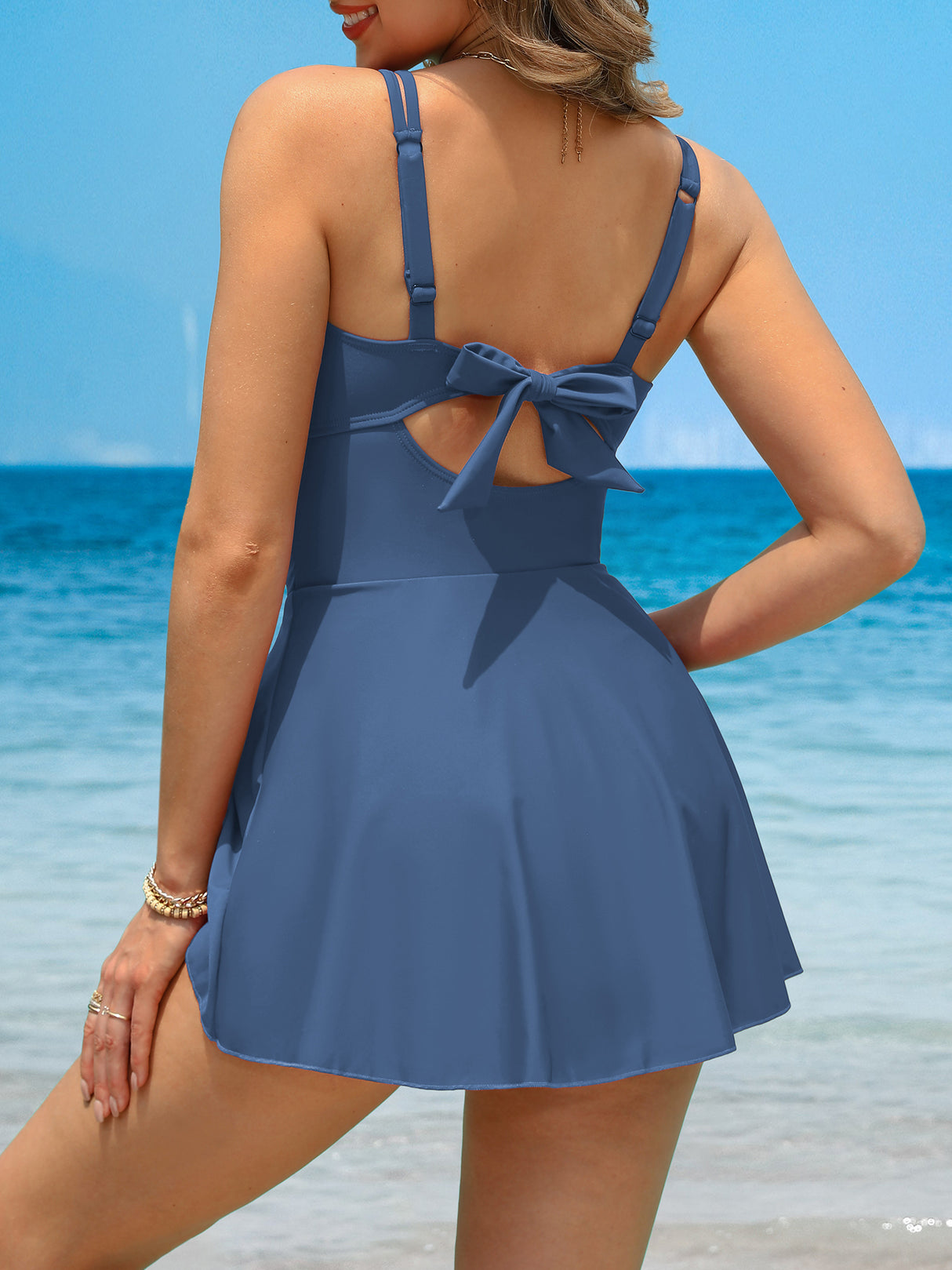 Asoul One Piece Swimdress Swimsuits for Womens Scalloped Tummy Control Swim Dress Tie Knot Skirt Bathing Suit