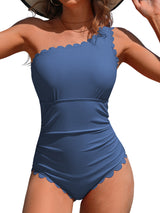 Asoul Ribbed One Piece Swimsuit for Women One Shoulder Scalloped Bathing Suits Tummy Control Swim Suit Monokini Swimwear