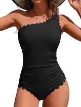 Asoul Ribbed One Piece Swimsuit for Women One Shoulder Scalloped Bathing Suits Tummy Control Swim Suit Monokini Swimwear