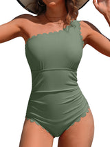 Asoul Ribbed One Piece Swimsuit for Women One Shoulder Scalloped Bathing Suits Tummy Control Swim Suit Monokini Swimwear